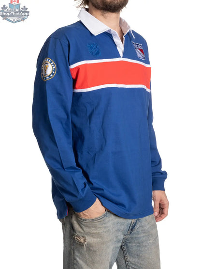 New York Rangers rugby shirt by Calhoun Surf N' Skate, showing the side view with team colors and logo detailing.
