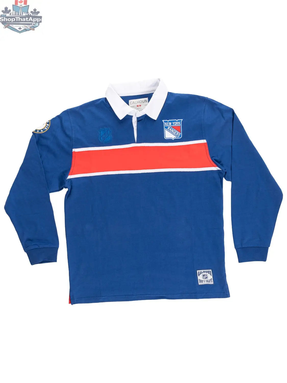 New York Rangers rugby shirt by Calhoun Surf N' Skate featuring team logo and classic design, shown flat on a white background.