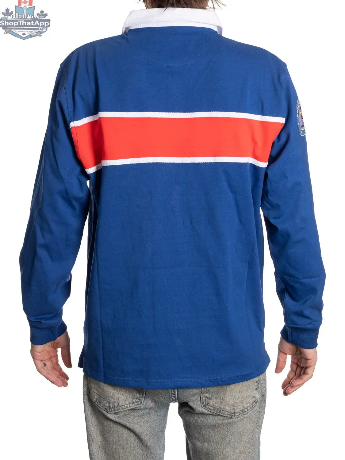 Back view of New York Rangers rugby shirt by Calhoun Surf N' Skate featuring team logo and classic design.