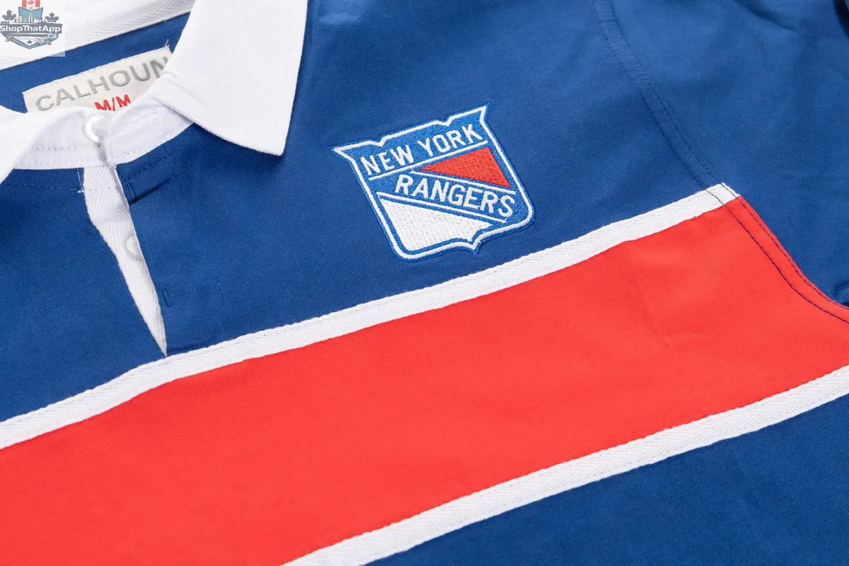New York Rangers rugby shirt by Calhoun Surf N' Skate, close-up showing team logo and fabric details.