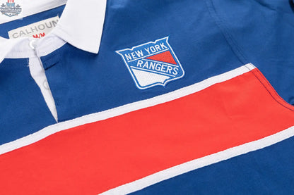New York Rangers rugby shirt by Calhoun Surf N' Skate, close-up showing team logo and fabric details.