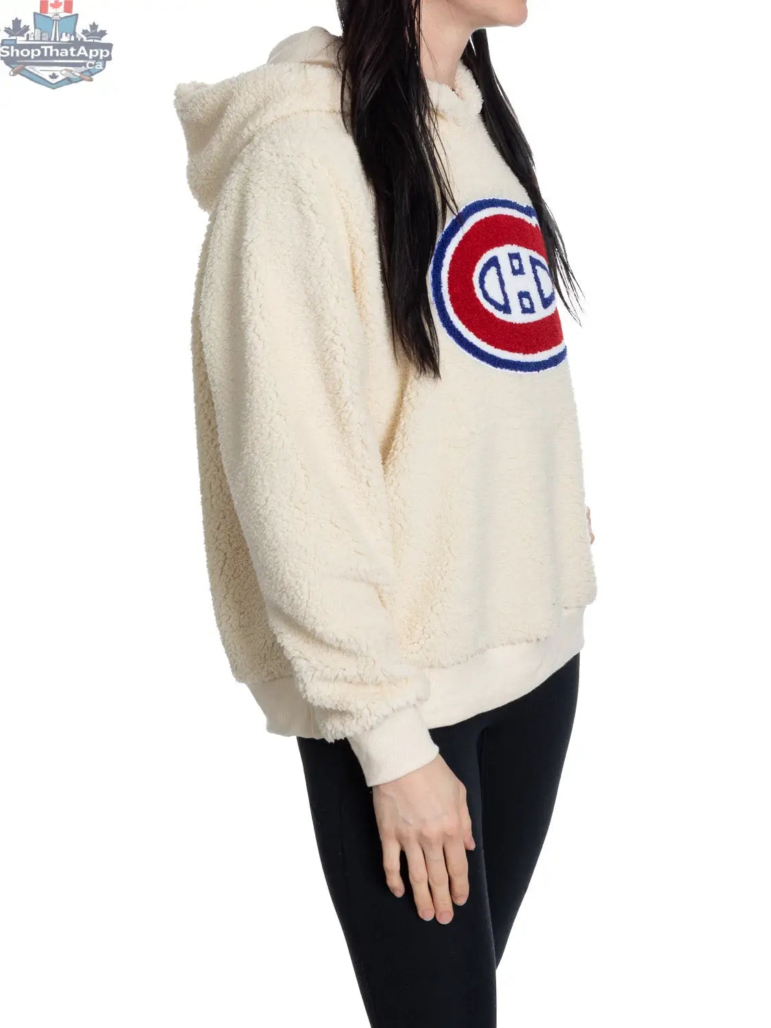 Montreal Canadiens ladies Sherpa hoodie with premium chenille logo, soft fleece material, shown from side angle.