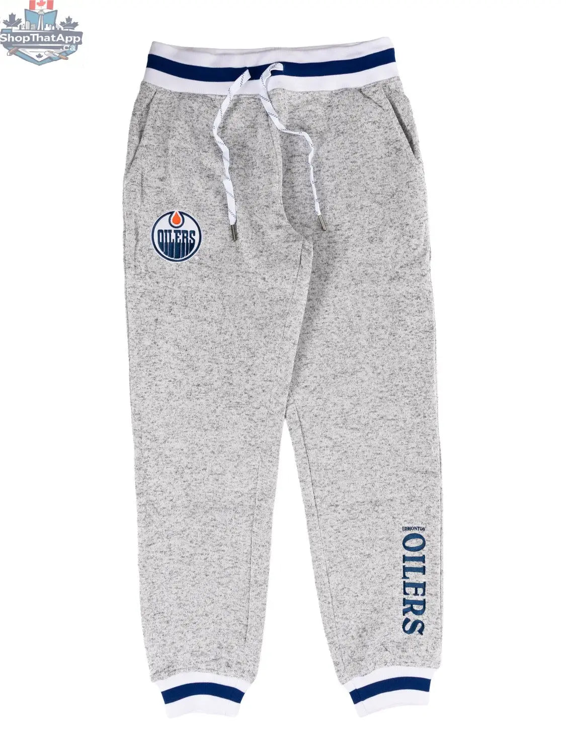 Calhoun Surf N' Skate Edmonton Oilers joggers, comfortable Muskoka-style sweatpants for hockey fans, featuring Oilers logo and cozy fit.