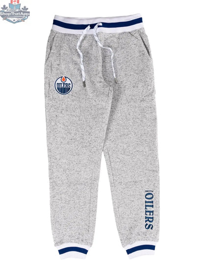 Calhoun Surf N' Skate Edmonton Oilers joggers, comfortable Muskoka-style sweatpants for hockey fans, featuring Oilers logo and cozy fit.