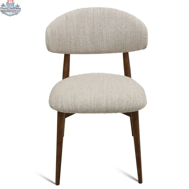 Beige fabric Cammy dining chair with walnut legs, front view, modern design by Hygge Design House.