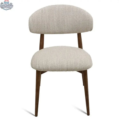 Beige fabric Cammy dining chair with walnut legs, front view, modern design by Hygge Design House.