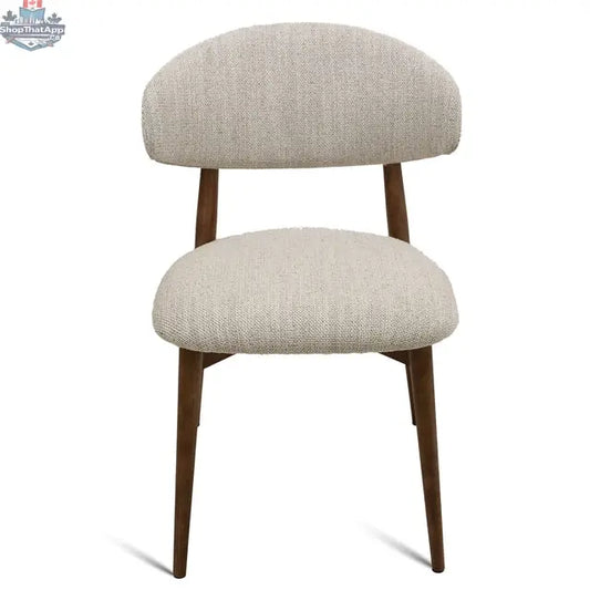 Beige fabric Cammy dining chair with walnut legs, front view, modern design by Hygge Design House.