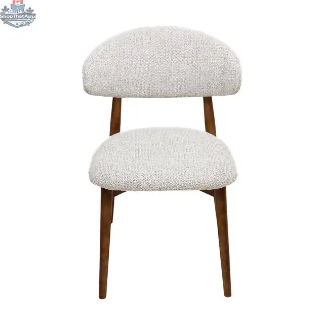 Beige fabric Cammy Dining Chair with walnut wood legs, front view showing comfortable upholstered seat and stylish design.