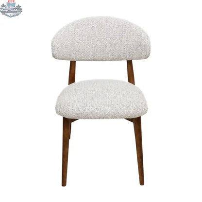 Beige fabric Cammy Dining Chair with walnut wood legs, front view showing comfortable upholstered seat and stylish design.