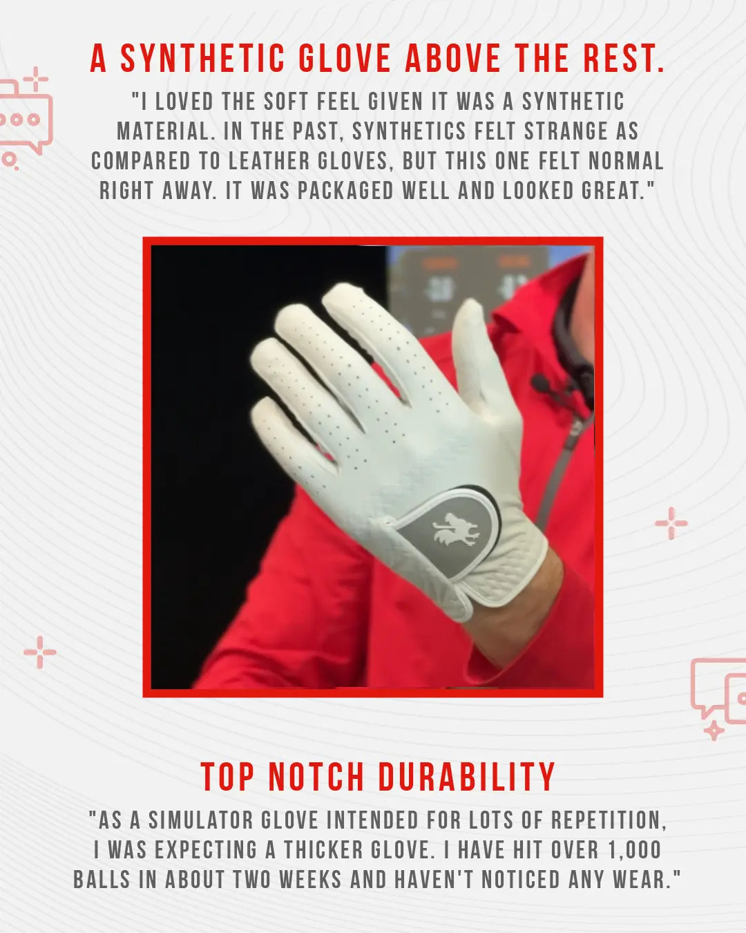 Red Rooster Golf Inc. The Simster gaming glove designed for ultimate performance, showing a close-up of the high-quality golf glove.