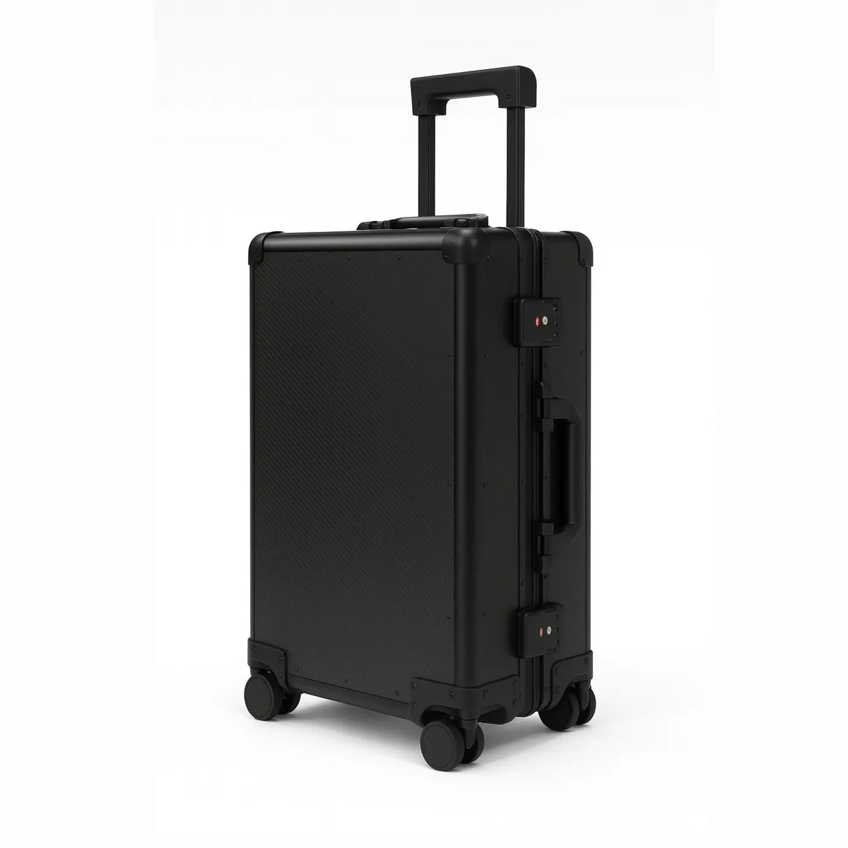 Real carbon fiber carry-on luggage by Carbon Loom showing a sleek, durable travel bag with a textured carbon fiber surface.