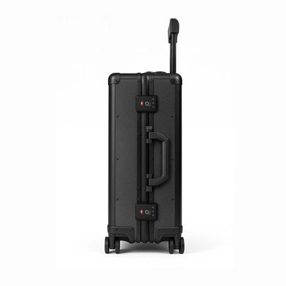 Real carbon fiber carry-on luggage by Carbon Loom, showcasing its sleek, durable design perfect for stylish travelers.