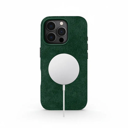 Green Alcantara iPhone 16 Pro case by Carbon Loom with magnetic closure, showcasing a sleek, stylish design and premium protection.