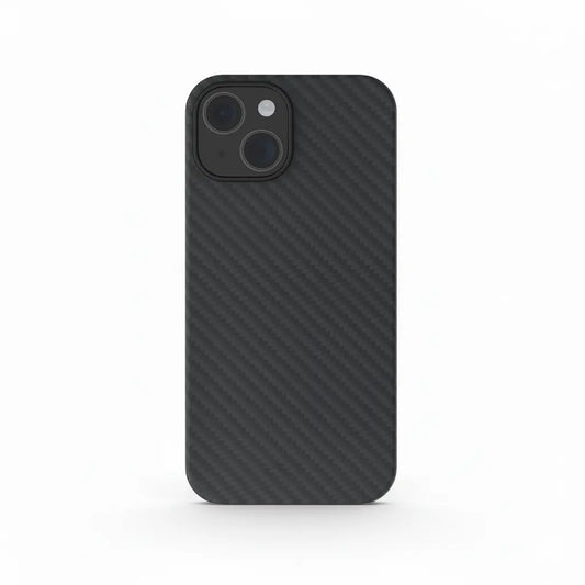 Carbon Loom real aramid fiber case for iPhone 15 showing sleek black textured carbon fiber material.