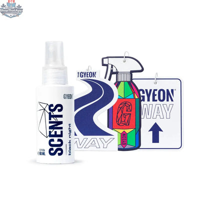 GYEON Q²M Air Freshener by CARZILLA, black night scent, showcasing the sleek packaging and scent bottles for refreshing car interiors