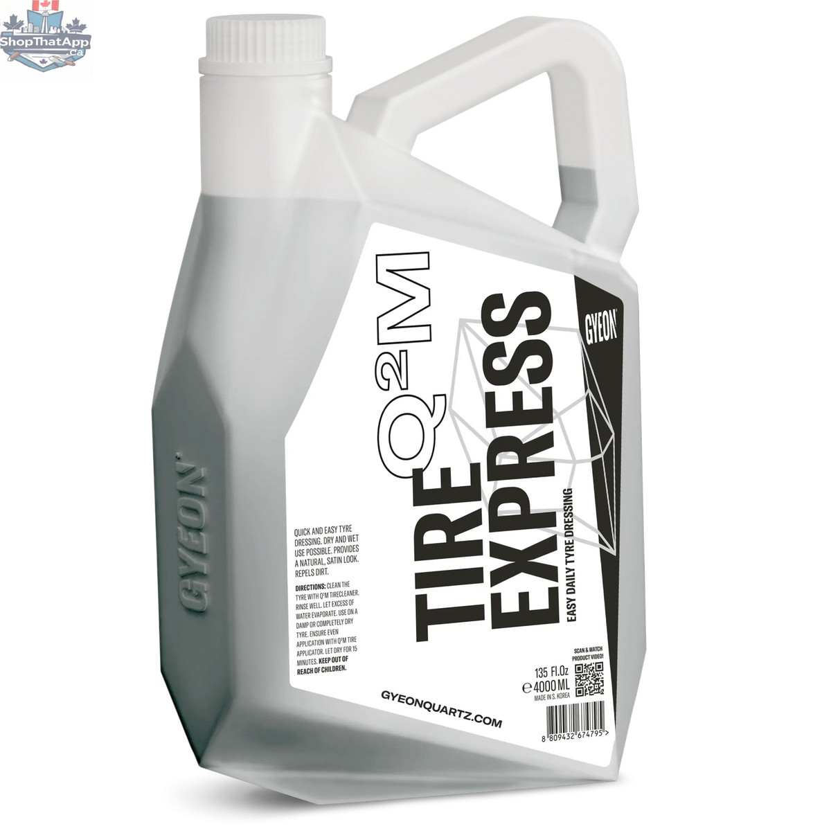 GYEON Q²M Tire Express premium tire cleaner by CARZILLA, showing clean black tires with a shiny finish on vehicle exterior.