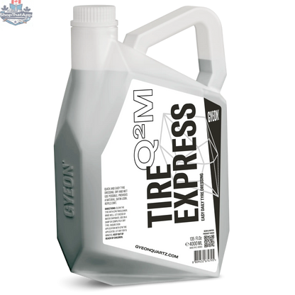 GYEON Q²M Tire Express premium tire cleaner by CARZILLA, showing clean black tires with a shiny finish on vehicle exterior.