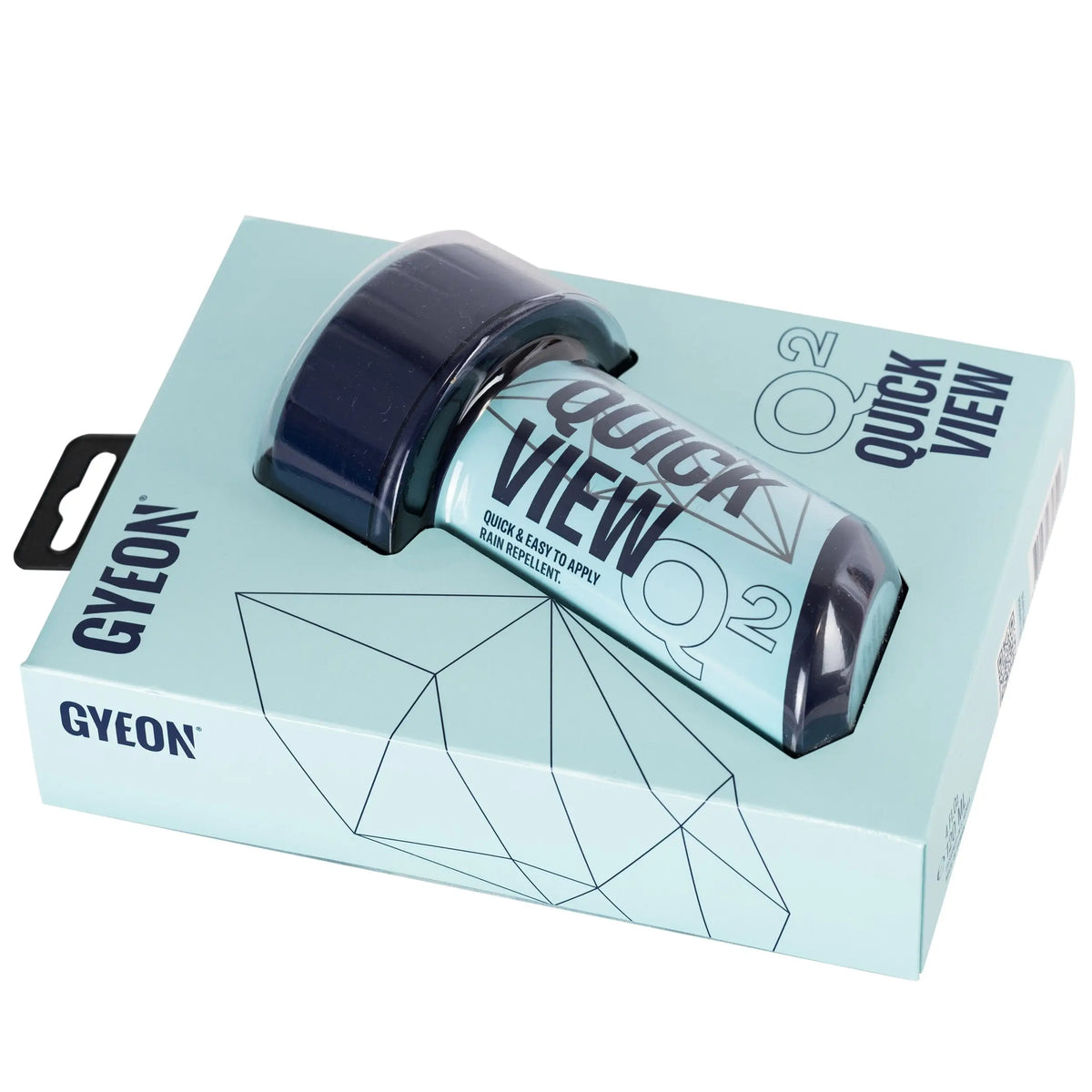 Exterior car surface with GYEON Q² Quick View Cleaner 120ml bottle, showcasing crystal-clear finish and clean, reflective paint.