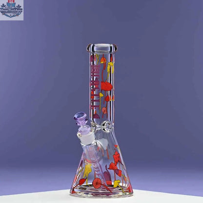 Castle Glassworks 12-inch beaker bong with purple background, 9mm thick glass, featuring a mushroom-shaped design for smooth hits.