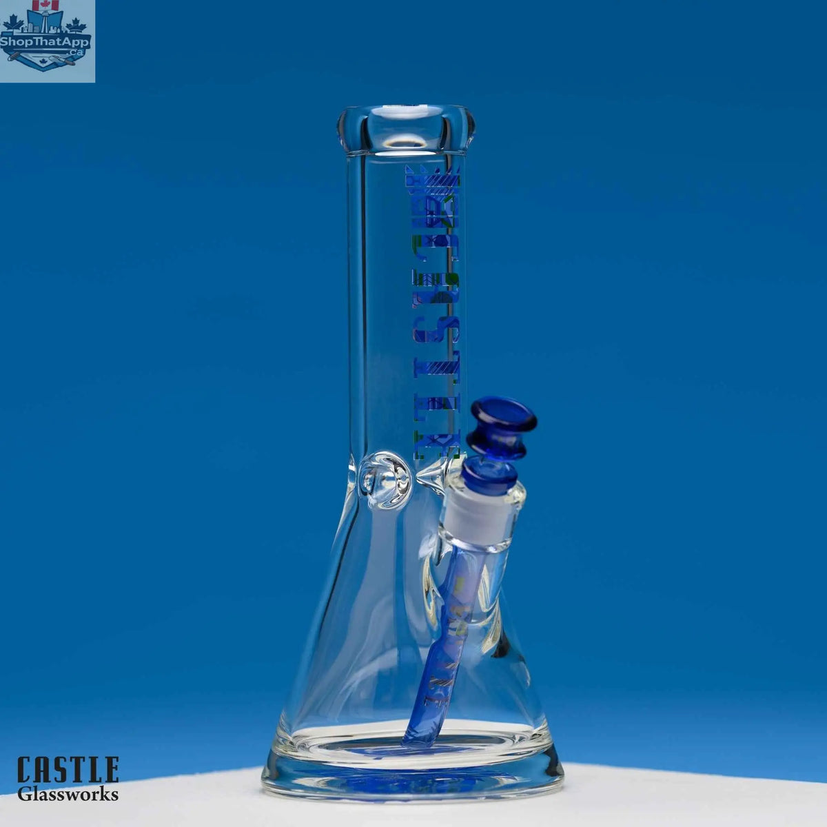 Castle Glassworks 12-inch beaker bong with ice pinch and hex geometric glass design, clear and sturdy for smooth smoking sessions.
