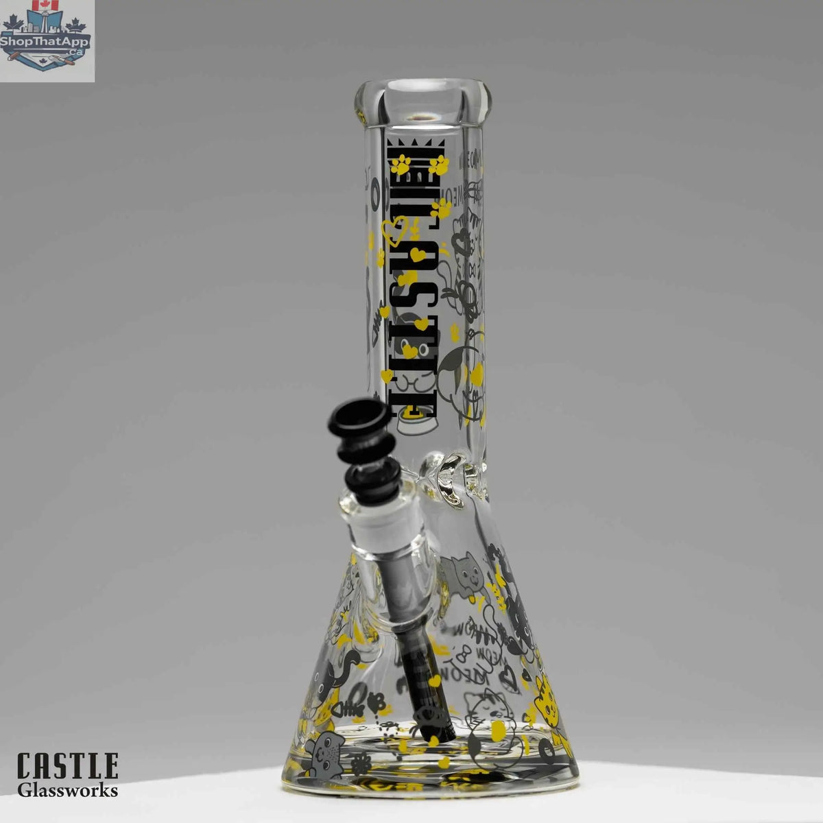 Castle Glassworks 12-inch kitty cat beaker bong with 9mm thick glass for smooth hits, featuring a playful cat design.