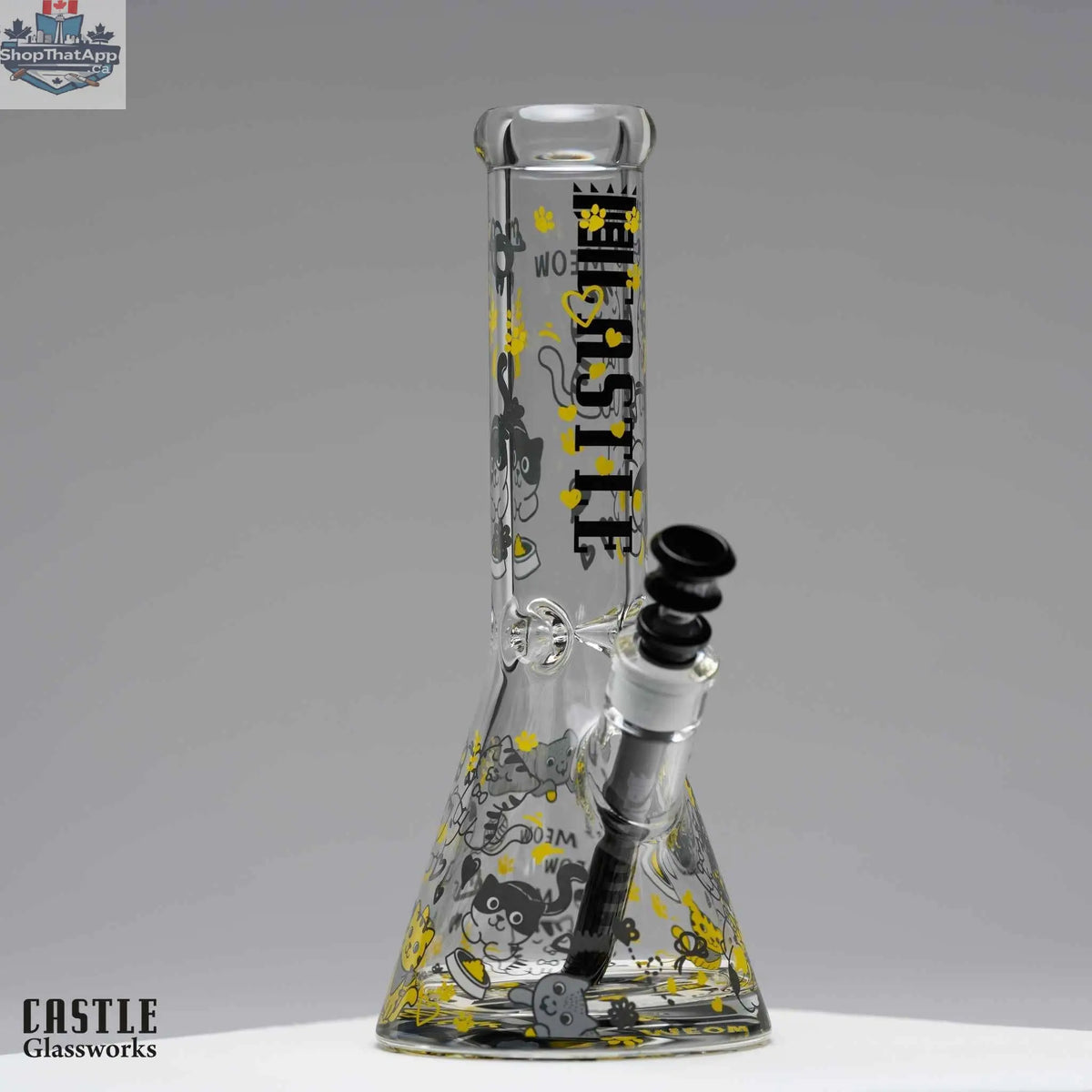 Castle Glassworks 12-inch kitty cat beaker bong with 9mm thick glass for smooth hits, featuring a playful cat design.