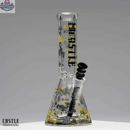 Castle Glassworks 12-inch kitty cat beaker bong with 9mm thick glass for smooth hits, featuring a playful cat design.