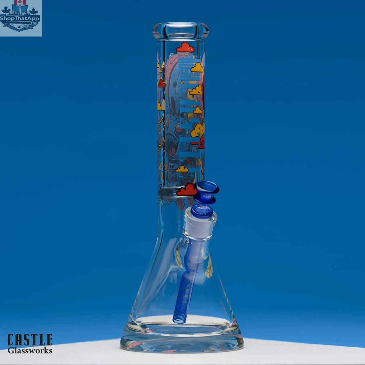 14-inch retro robot bong by Castle Glassworks, 9mm thick beaker-style glass with detailed robot design and clear glass construction.
