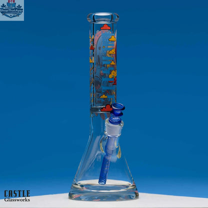 14-inch retro robot bong by Castle Glassworks, 9mm thick beaker-style glass with detailed robot design and clear glass construction.