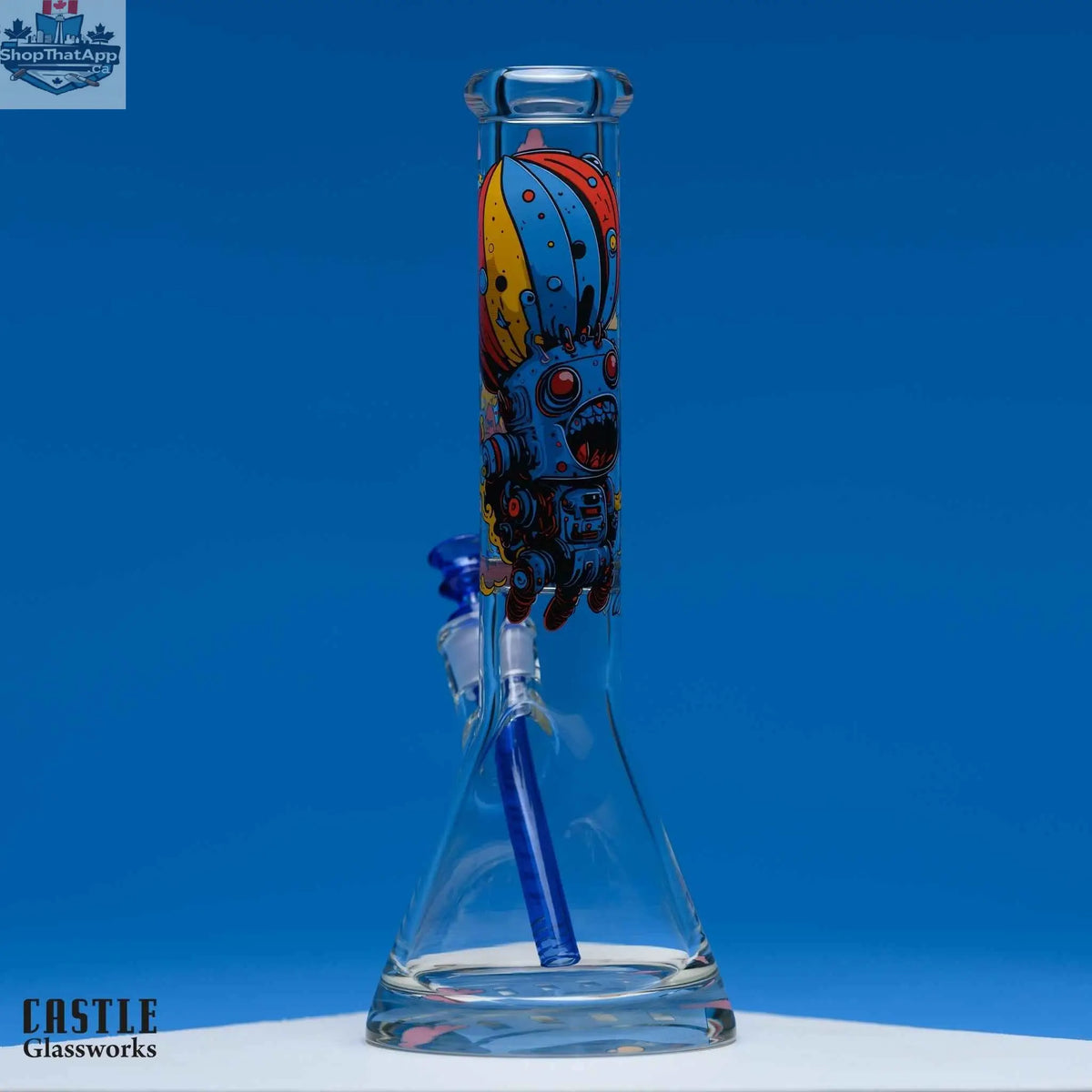 14-inch retro robot beaker bong by Castle Glassworks, made of 9mm thick glass with a classic beaker shape.