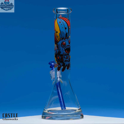 14-inch retro robot beaker bong by Castle Glassworks, made of 9mm thick glass with a classic beaker shape.