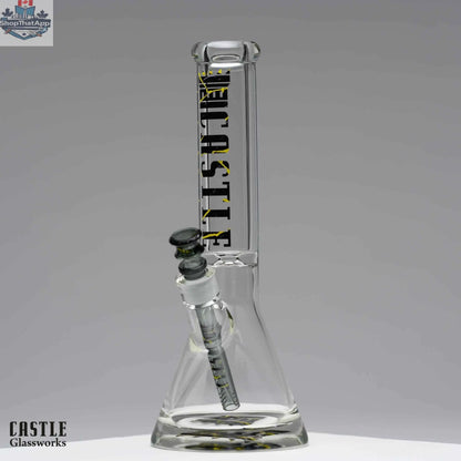 Castle Glassworks 14-inch 9mm beaker bong with a clear glass beaker shape and a sturdy base for smooth smoking.