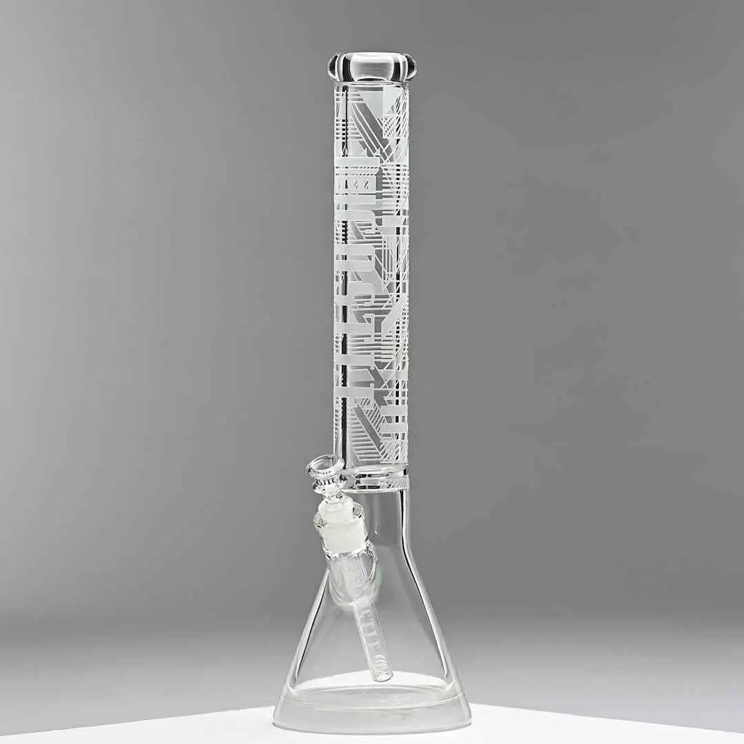 Castle Glassworks 18-inch Ultra Durable Beaker Bong with a clear glass design on a grey background.