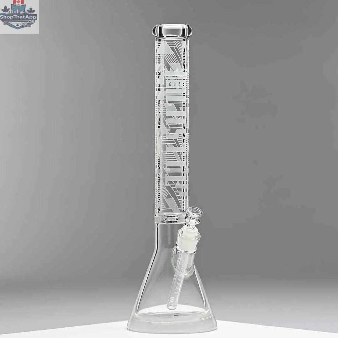 Castle Glassworks 18-inch ultra durable beaker bong with clear glass and sturdy design on grey background.