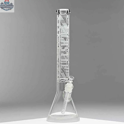 Castle Glassworks 18-inch ultra durable beaker bong with clear glass and sturdy design on grey background.