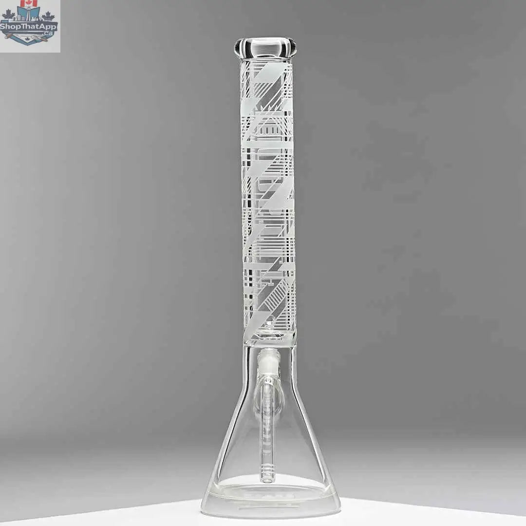 Castle Glassworks 18-inch ultra durable beaker bong with a clear glass design on a grey background.