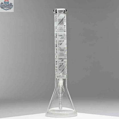 Castle Glassworks 18-inch ultra durable beaker bong with a clear glass design on a grey background.