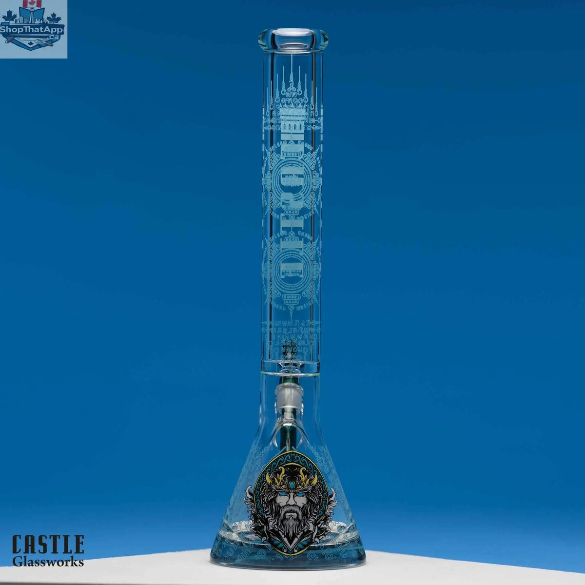 Castle Glassworks Viking 18-inch beaker bong with durable glass and stylish design, featuring a wide base and mouthpiece for smooth smoking.