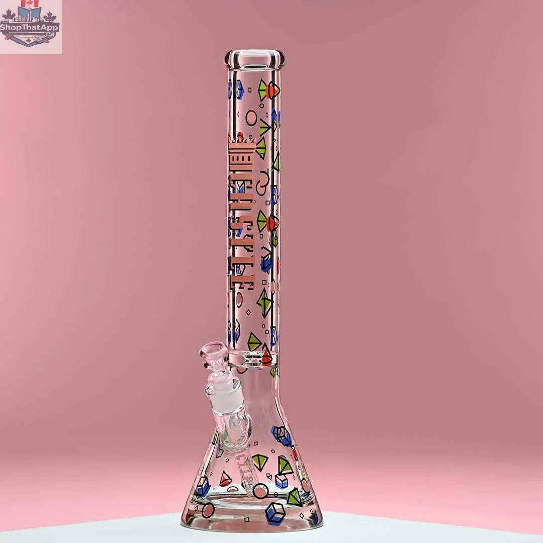 Castle Glassworks 18-inch traditional beaker bong with pink background, showcasing its clear glass design and sturdy base.