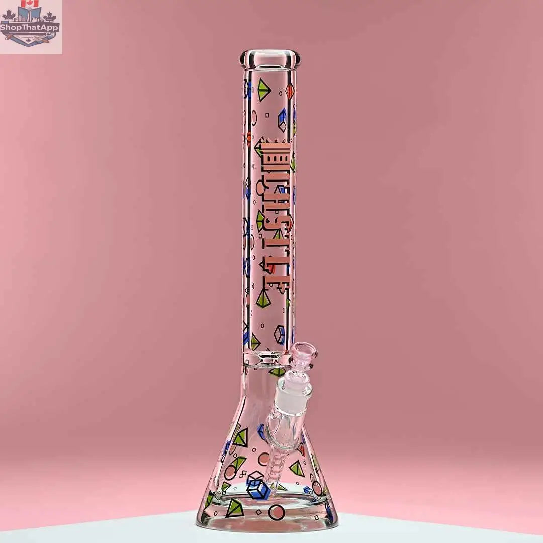 Castle Glassworks 18-inch traditional beaker bong with pink background, showcasing clear glass design and sturdy base.