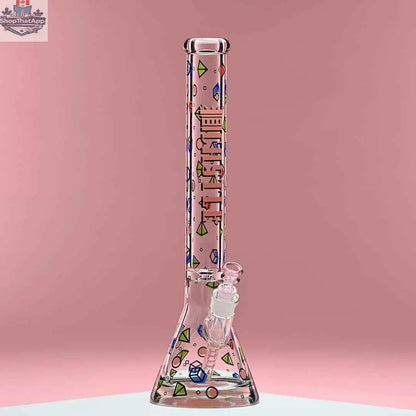 Castle Glassworks 18-inch traditional beaker bong with pink background, showcasing clear glass design and sturdy base.