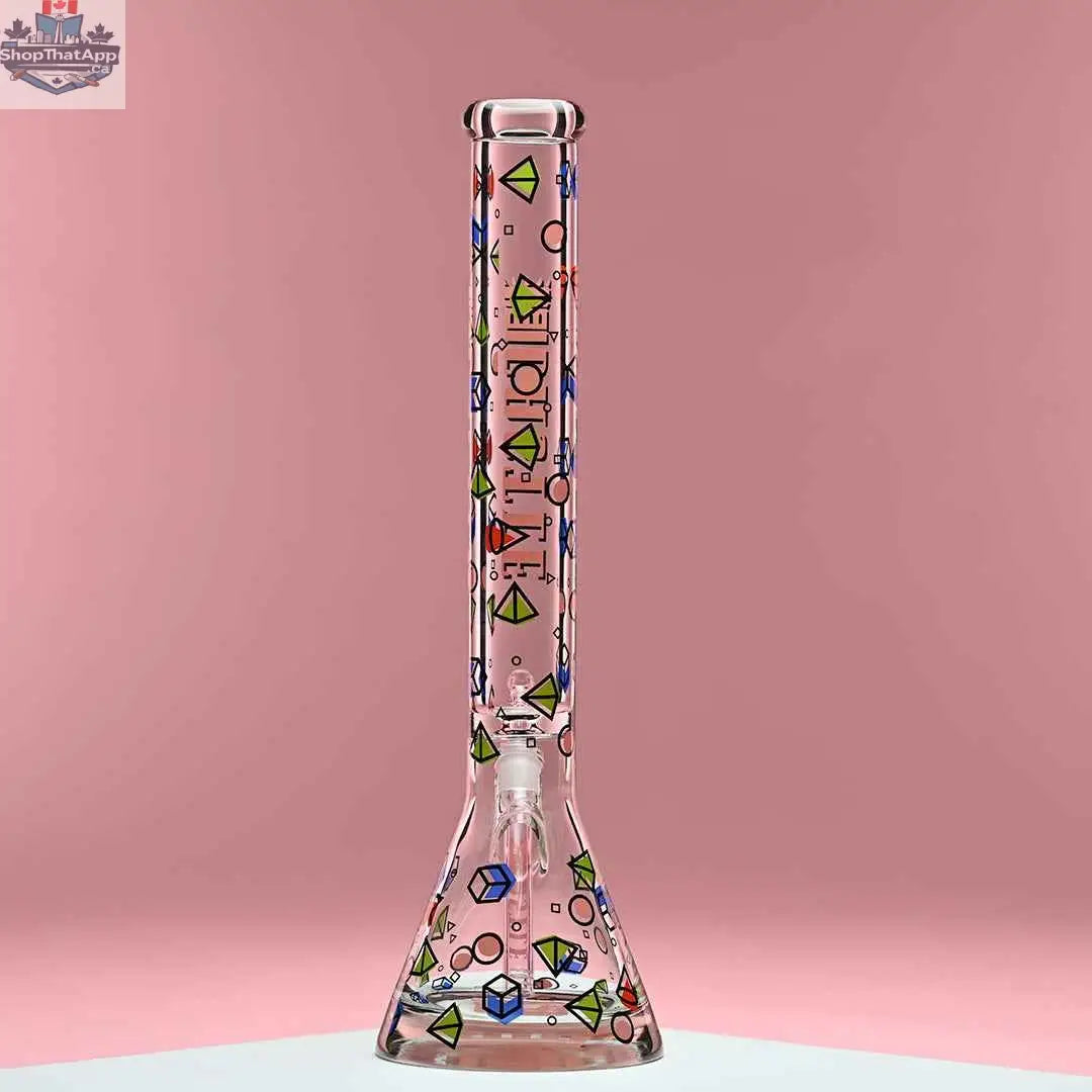 Castle Glassworks 18-inch traditional beaker bong with pink background, showcasing clear glass design and sturdy base for smooth smoking.