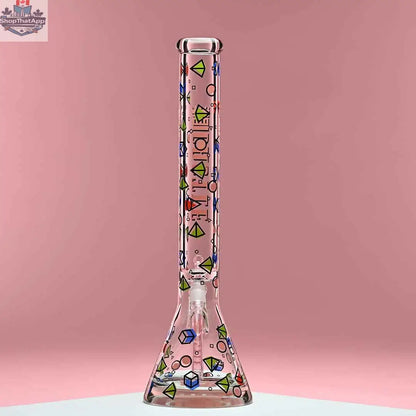 Castle Glassworks 18-inch traditional beaker bong with pink background, showcasing clear glass design and sturdy base for smooth smoking.