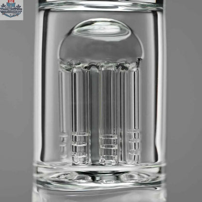 Close-up of Castle Glassworks 14-inch grey beaker bong with 8 arms and percolator, showcasing its detailed design against a grey background.