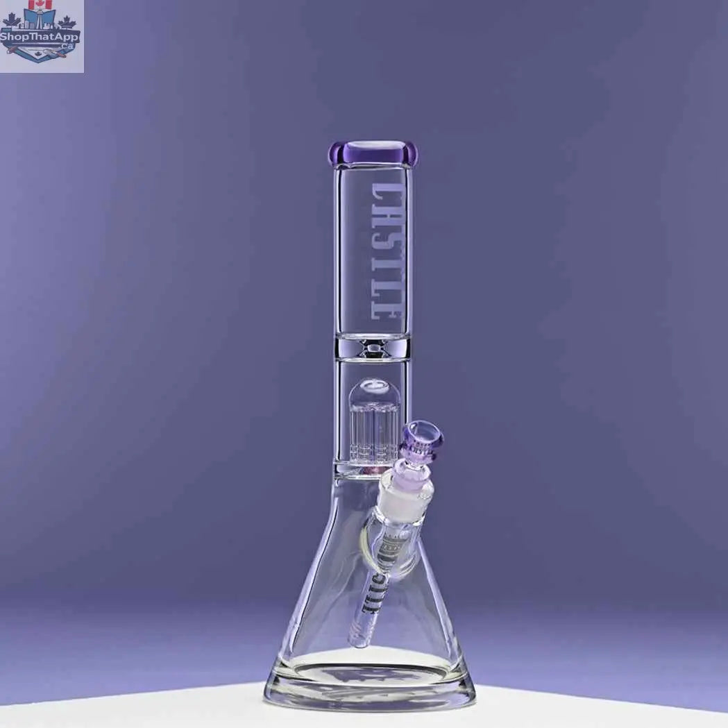 Castle Glassworks 14-inch purple 8-arm beaker bong with a clear water pipe and sturdy base, shown against a purple background.