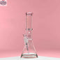Pink 8-arm beaker bong by Castle Glassworks, 14-inch precision-crafted water pipe on pink background.