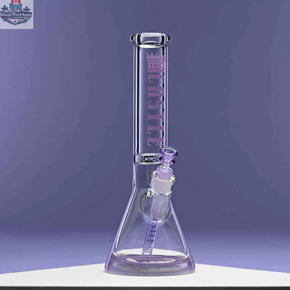 14-inch Castle Glassworks beaker bong with colorful logo and 9-hole downstem, set against a purple background.