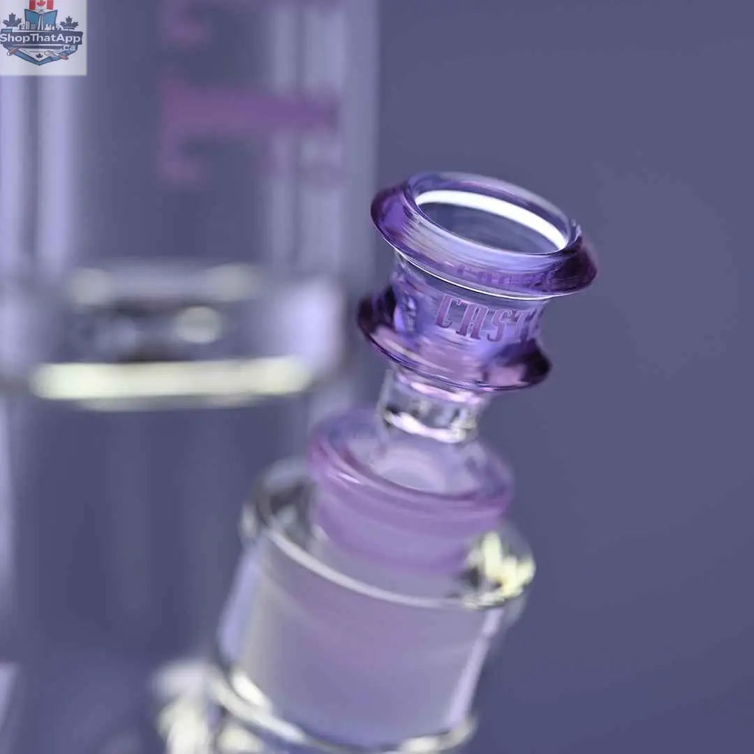 Castle Glassworks 14-inch beaker bong with purple logo, purple background, and 9-hole downstem replacement visible in close-up.