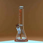14-inch Castle Glassworks beaker bong with amber logo and 9-hole downstem, on an amber background, showing a clear glass design.