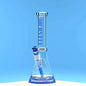 Castle Glassworks 14-inch beaker bong with blue logo, clear glass, colorful accents, and 9-hole downstem replacement on blue background